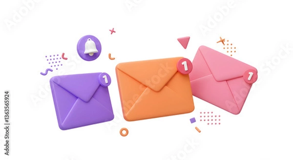 Fototapeta 3D Send letters in envelopes. Mail notification. Bell notice. Email message concept. Email newsletter with letter paper. Cartoon creative design icon isolated on white background. 3D Rendering