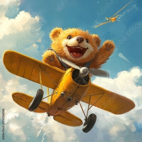 Fototapeta A joyful bear takes control of a small yellow airplane soaring high amidst fluffy clouds. With an enthusiastic smile it enjoys the thrill of flying bringing energy and delight to the sky