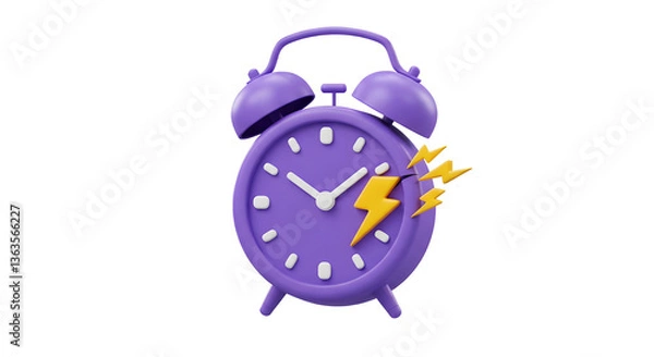 Fototapeta 3D Alarm clock with lightning. Fast delivery concept. Limited sale for online shopping. Quick time. Wake up. Purple and yellow. Cartoon creative design icon isolated on white background. 3D Rendering