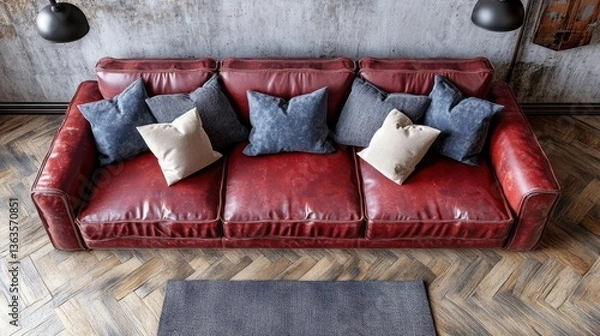 Obraz Red leather sofa, loft interior, pillows, rug