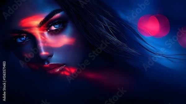 Fototapeta Closeup Portrait of a Mysterious Woman with Illuminating Light and Dark Background