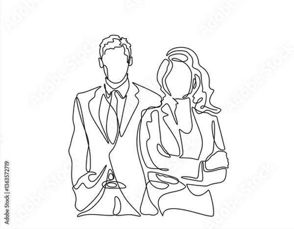 Fototapeta Continuous one line drawing of business people, businesswoman and businessman line art vector illustration. Business teamwork concept.Editable stroke. Doodle vector illustration