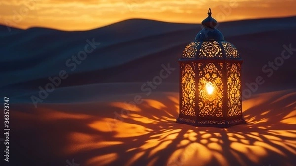 Fototapeta Illuminated lantern casting intricate shadows, abstract desert landscape, Eid scene.