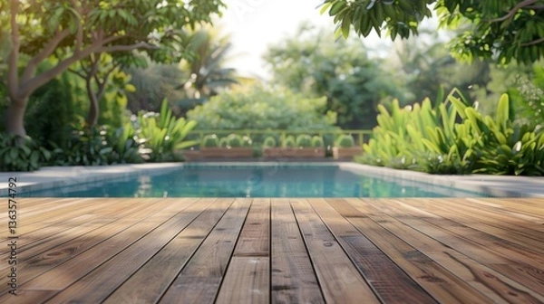 Fototapeta Swimming pool with a wooden deck in the middle of it, surrounded by lush greenery and trees in the background, Tropical background for your products presentation.