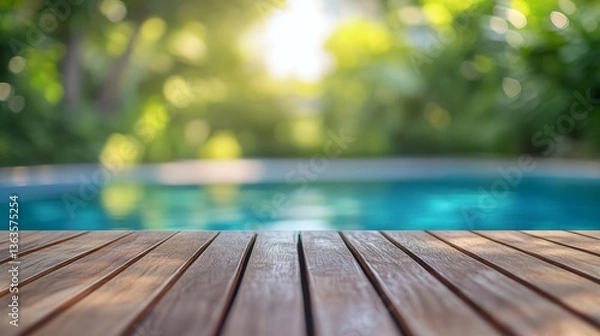 Fototapeta Swimming pool with a wooden deck in the middle of it, surrounded by lush greenery and trees in the background, Tropical background for your products presentation.