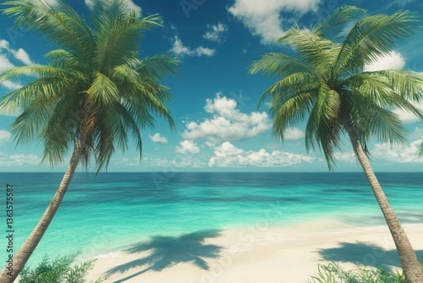 Fototapeta Paradise Found: Two majestic palm trees frame a breathtaking turquoise ocean and pristine white sand beach under a vibrant, sunny sky.