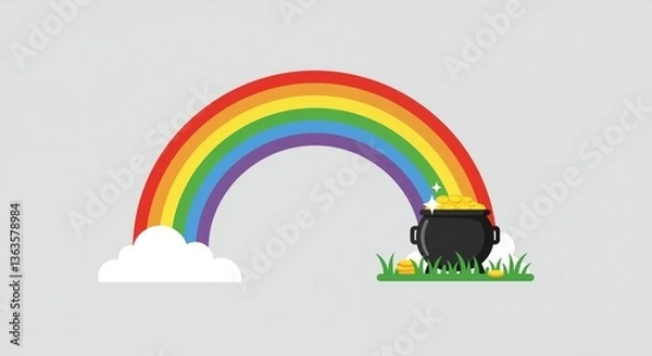 Fototapeta Colorful rainbow arching over a pot of gold with sparkling coins, set against a light background, evoking a whimsical and festive atmosphere associated with treasure and luck