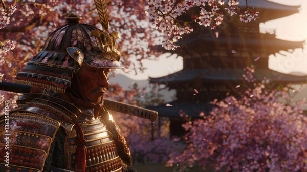 Fototapeta Samurai Warrior in Traditional Armor Amidst Cherry Blossoms Historical Figure with Sword Cult