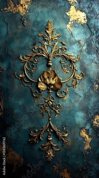 Fototapeta Ornate Gold Floral Design on Textured Teal Background with Aged Gold Leaf Accents

