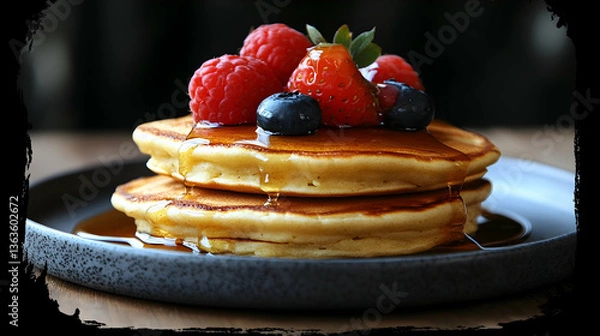 Fototapeta Stack of pancakes with berries and syrup on a plate
