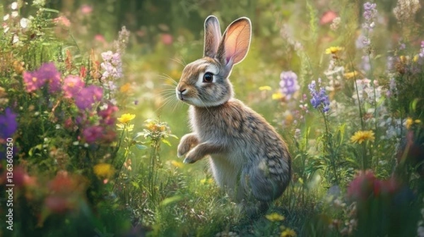 Fototapeta A fluffy brown rabbit stands alert in a vibrant wildflower field