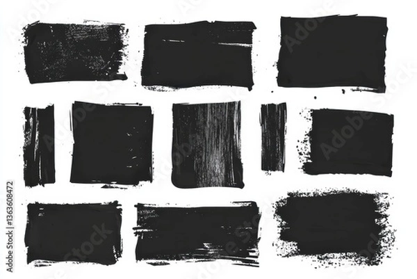 Fototapeta Black vector rough edge rectangles featuring grunge square frames for creative design projects and artistic collage applications