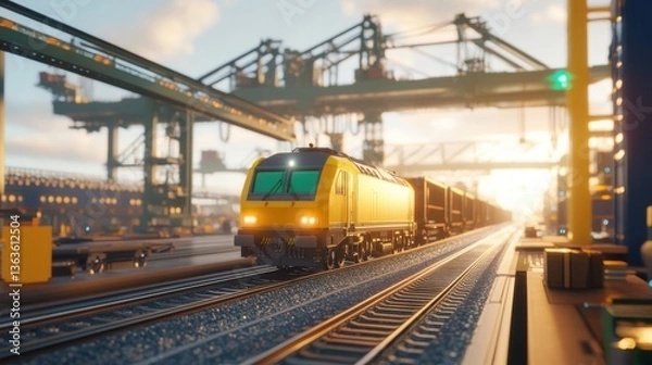Fototapeta Futuristic Train in Rail Yard with Robotic Cranes