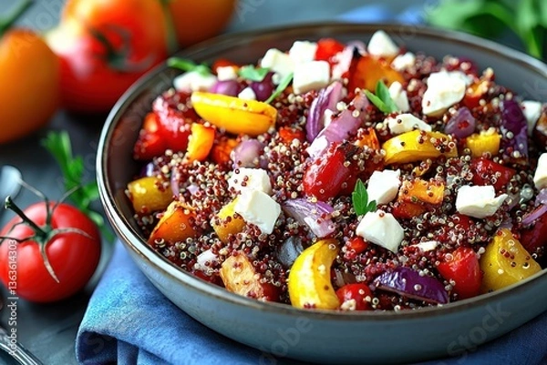 Fototapeta Delicious quinoa salad with roasted vegetables and feta cheese in a gray bowl, presented on a blue cloth background, ready to be served as a healthy and flavorful meal.