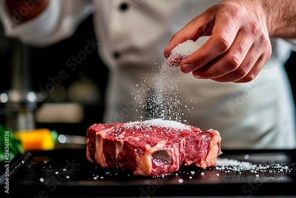 Fototapeta A chef expertly sprinkles salt on a succulent steak placed on a wooden countertop. Fresh herbs and colorful vegetables are nearby, hinting at a gourmet dish in progress