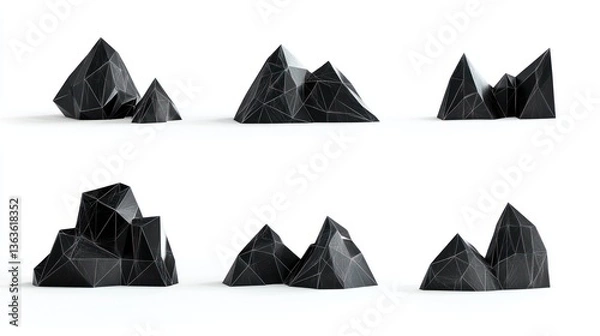 Fototapeta Low-poly black mountains, 3D render, white background, design element