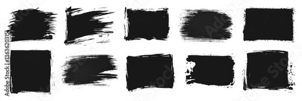 Fototapeta Collection of grunge black rectangles with rough edges for creative design and collage projects showcasing hand-drawn torn paper style