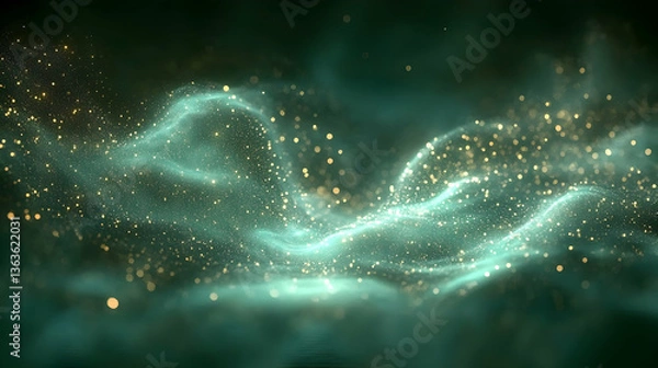 Fototapeta Teal nebula with golden dust, abstract background
