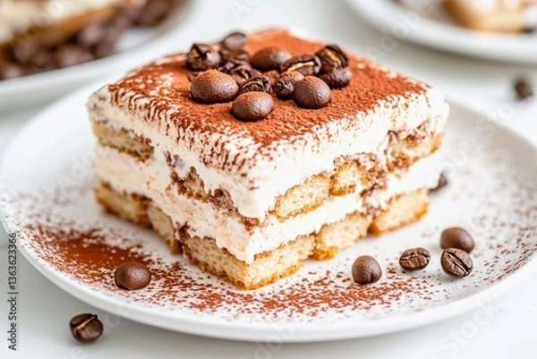 Fototapeta A square piece of layered dessert features creamy mascarpone and coffee-soaked layers, topped with cocoa powder and coffee beans, perfect for dessert lovers enjoying a sweet moment