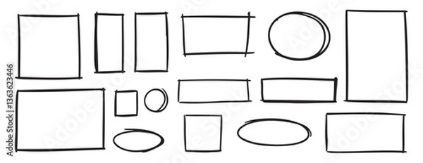 Fototapeta doodle geometric grunge frame set, hand drawn marker pen line strokes. square, circle, rectangle and oval ellipse borders design elements