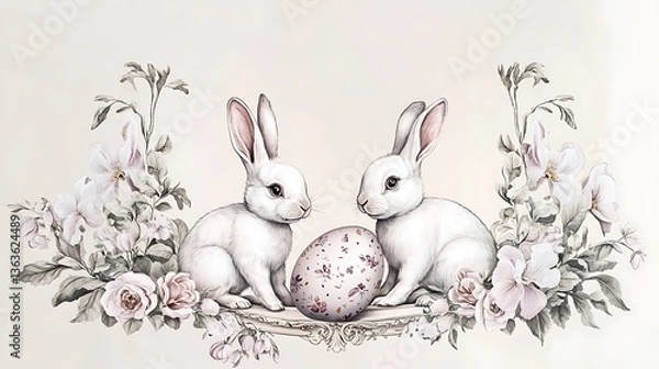 Fototapeta Easter bunnies with floral frame. (2)