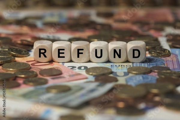 Obraz refund - cube with letters, money sector terms - sign with wooden cubes