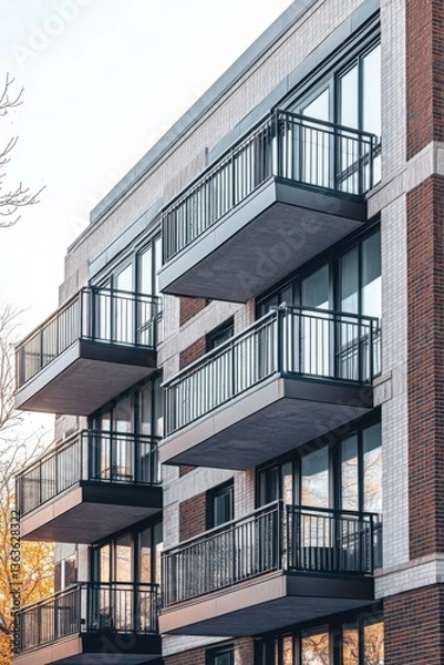 Fototapeta A contemporary apartment building featuring elegant, sleek balconies stands proudly in a serene residential neighborhood on a crisp autumn afternoon