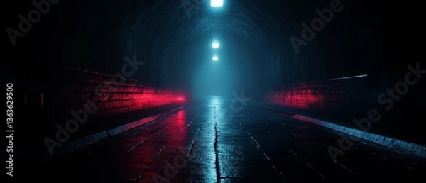Fototapeta A dark tunnel with a red and blue light