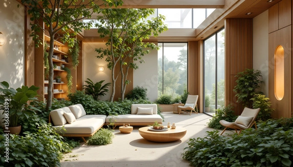 Fototapeta A sunroom interior filled with plants. The room has large glass windows and a skylight. Two couches and two chairs are inside. A round table sits in the middle. There is a bookshelf