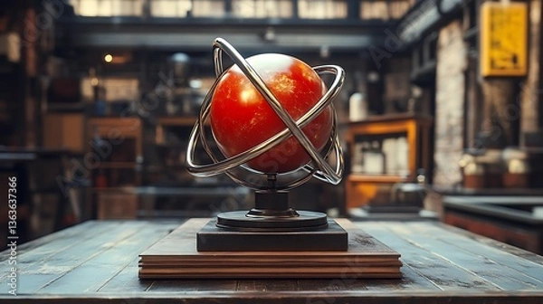 Obraz Red globe model on wooden table in workshop.