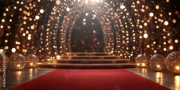 Fototapeta Elegant red carpet entrance illuminated by sparkling lights creates a glamorous atmosphere for a special event