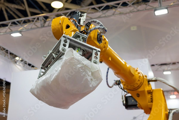 Fototapeta An industrial robotic arm with a pneumatic gripper lifts a heavy white bag in a factory setting. The background shows a manufacturing environment. Selected focus.