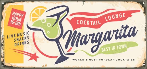 Fototapeta Cocktail lounge retro sign design with glass of margarita. Drinks vector illustration. Cafe bar advertisement.