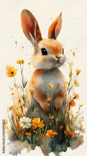 Obraz Watercolor rabbit standing amidst colorful wildflowers on a light background