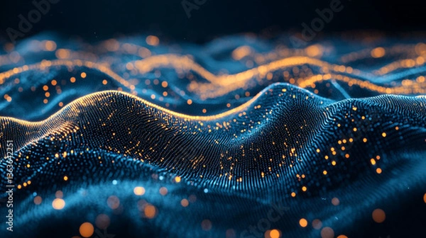 Fototapeta Abstract blue and orange wave pattern with glowing particles on a dark background design element