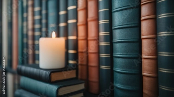 Fototapeta Burning candle illuminating ancient leather-bound books in a cozy library