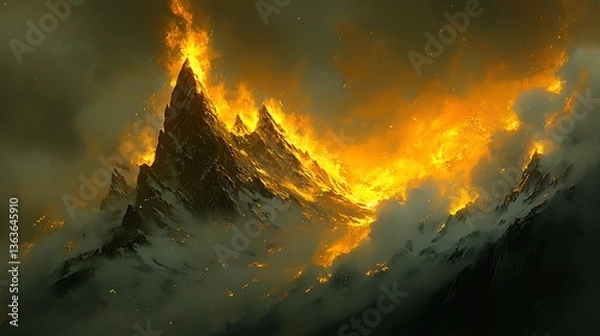 Obraz Fiery mountain peak engulfed in flames.
