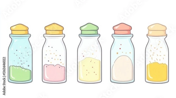 Fototapeta Colorful spice jars, kitchen, cooking, ingredients, food, background white, website design