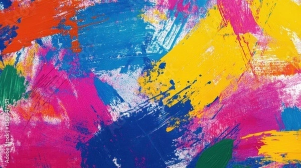 Fototapeta Bright brushstrokes of pink, orange, yellow, blue, and green paint. Perfect for a vibrant, energetic abstract background or artistic design.