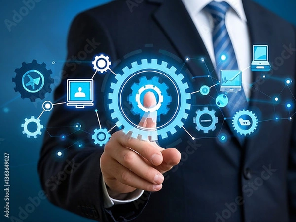 Fototapeta Automation of business or robotic process RPA technology. Transfer of data between application. 
Businessman touching gears icon on network connection.