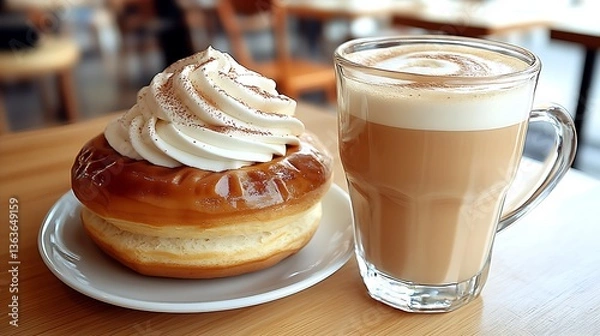 Obraz Whipped cream donut and latte on wood table.