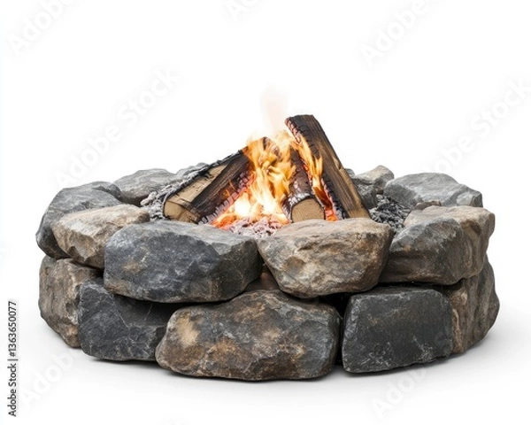 Fototapeta Fire Pit with Burning Wood Logs and Rocks on Isolated Background