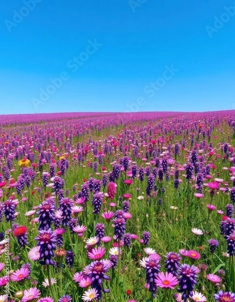 Fototapeta A vibrant field of purple and pink wildflowers stretches to a clear blue sky, creating a colorful floral carpet, blue sky, wild