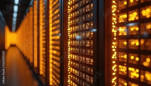 Fototapeta Server rack in data center with illuminated lights. Futuristic digital tech, modern cyberspace background. Innovation in computer infrastructure and storage processing information.