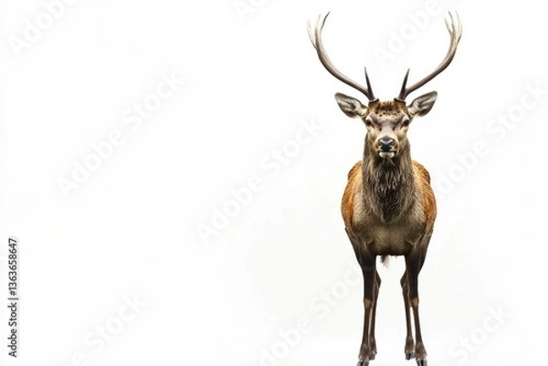 Fototapeta Majestic Red Deer Standing Isolated Against White Background Looking Forward