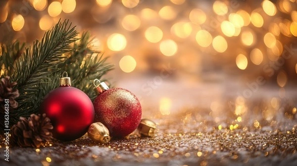 Obraz Warm fairy lights illuminate Christmas decorations with red and gold ornaments nestled among pine branches for a festive and dreamy atmosphere