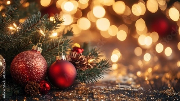 Obraz Warm fairy lights illuminate festive decorations with red and gold ornaments against a dreamy background