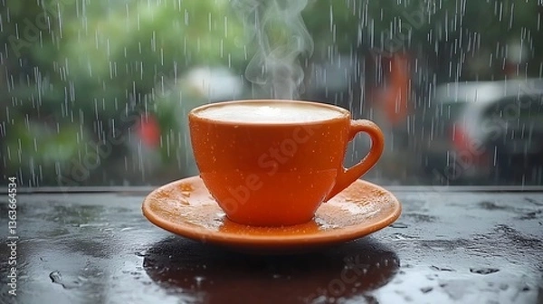 Obraz Steaming coffee in orange cup on rainy day.