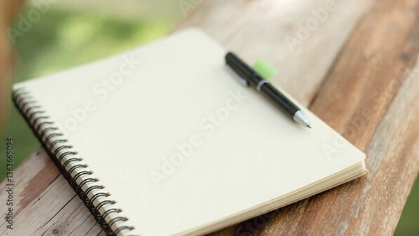 Fototapeta Open notebook rests outdoors near a pen on a wooden surface for note-taking or planning