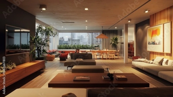 Obraz A beautifully designed modern apartment interior with city view from a large window
